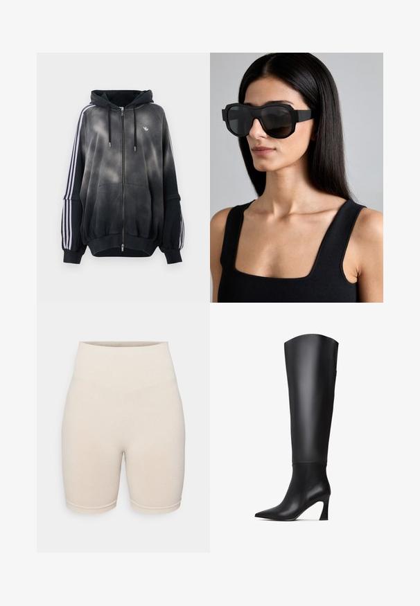 Zwarte hoodie met een gradient effect, gemaakt van zacht materiaal. Voorzien van een rits, grote voorzakken en witte zijstrepen.; Beige geribbelde fietsbroekjes met een hoge tailleband, voorzien van een gestructureerd patroon en een aansluitend ontwerp dat tot halverwege de dij reikt.; Zwarte leren laarzen tot de knie met een spitse neus, rechte schacht en een taps toelopende hoge hak. Gladde textuur met minimale details.; Oversized zwarte zonnebril met een stevig frame, hoekig ontwerp en gradient donkere lenzen; gedragen met een zwarte mouwloze top.; Zwarte leren handtas met een reliëf oogpatroon, gestructureerde vorm, dubbele handvatten aan de bovenkant en metalen accenten in de vorm van een oog.