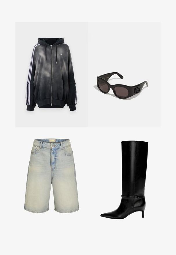 Črna kapuca z gradientenim učinkom, izdelana iz mehkega materiala. Ima zadrgo, velike sprednje žepe in bele stranske črte.; Svijetloplave traper kratke hlače s visokim strukom, dizajnom od pet džepova i suptilnim ispucalima. Imaju zatvaranje na dugme i petlje za remen.; Črne usnjene zimske škornje do kolen s koničastim nosom in majhno peto. Imajo ozko zaponko z kovinsko zaponko okoli gležnja. Gladka tekstura.; Črne sončne očala z velikimi, zaobljenimi lečami, ki imajo sijoč plastičen okvir in izrazit detajl logotipa na ščitnikih.; Črna usnjena torbica z edinstveno obliko ventilatorja, z ravnimi ročaji. Površina ima teksturo z drobnimi kamni in minimalističen dizajn.