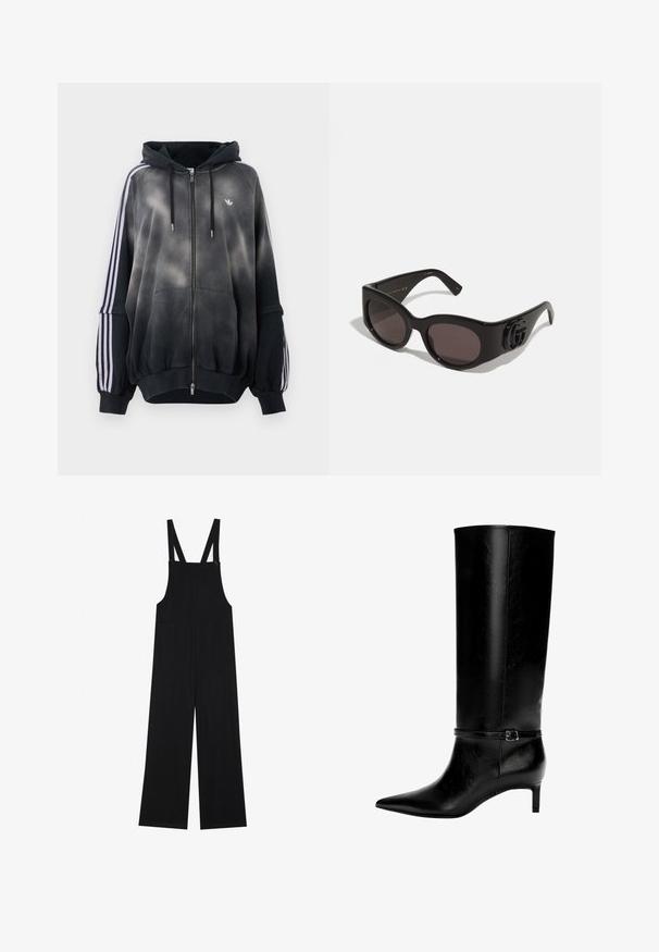 Sort hættebluse med gradient-effekt, lavet af blødt materiale. Har lynlås-lukning, store frontlommer og hvide sidelister.; Sorte overalls lavet af blødt stof, med brede ben, to frontlommer og justerbare skulderstropper med knapbeslag.; Sort læderknæhøj støvle med spids tå og en lille hæl. Har en smal rem med en metallisk spænde omkring anklen. Glat overflade.; Sorte solbriller med store, runde linser, der har en blank plastisk ramme og en markant logo-detalje på stængerne.; Even&Odd Shopping bags - black