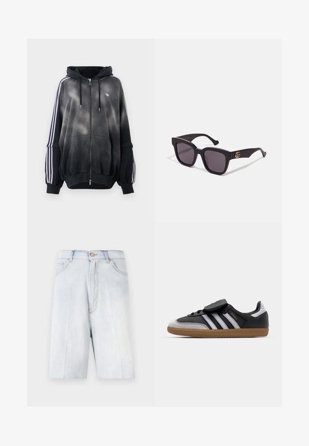 Juodas džemperis su gradientiniu efektu, pagamintas iš minkštos medžiagos. Yra užtrauktukas, didelės priekinės kišenės ir baltos šoninės juostos.; Šviesiai mėlyni džinsiniai šortai su laisvu kirpimu, su mygtuko uždarymu, diržo kilpomis ir priekinėmis kišenėmis; lygus paviršius ir nusidėvėjęs atspalvis.; Juodos odinės ir pilkos zomšinės sportbačiai su baltais dryžiais, guminiu padu, raištelių užsegimu ir Velcro dirželiu. Su "Samba" prekės ženklu auksinės spalvos.; Juodi kvadratiniai akiniai nuo saulės su tamsiais lęšiais. Matinis rėmas su auksiniais logotipo akcentais ant šonų. Elegantiškas dizainas su storomis šakelėmis.