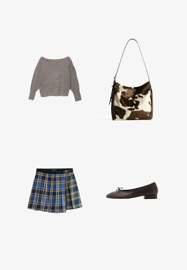 Šedý svetr s odhrnutými rameny má měkkou, texturovanou pleteninu, volné rukávy a zkrácený lem.; Tmavě hnědá blůza s dlouhým rukávem, hlubokým výstřihem do V a dlouhými širšími šátkovými kravaty visícími vpředu.; Záhybová mini sukně s dvoubarevnými kostkovanými vzory v modré, oranžové, zelené a námořnické, s černým pasem a přezkovým opaskem.; Hnědé kožené baletky s kulatou špičkou a malým blokovým podpatkem. Mají tenkou mašličku vpředu a decentní švy.; Hnědá a krémová kravská kůže ramenní taška s hladkým koženým popruhem, zipovým uzavřením a jemným, texturovaným povrchem s přírodním vzorem.