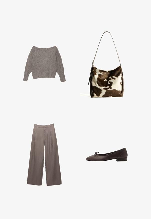 Grå off-shoulder tröja med mjuk, strukturerad stickning, löst sittande ärmar och en kortad nederkant.; Mörkbrun långärmad blus med djup V-ringning och långa, breda scarf-liknande band som hänger ner fram.; Breda taupe linbyxor med hög midja och framfåll, designade för en lös och avslappnad passform.; Bruna läderskor i ballerina-stil med rund tå och liten blockklack. Har en tunn rosett framtill och subtila sömnadsdetaljer.; Brun och krämfärgad ko-läder axelväska med ett slätt läderband, dragkedjestängning och en mjuk, texturerad yta med ett naturligt mönster.