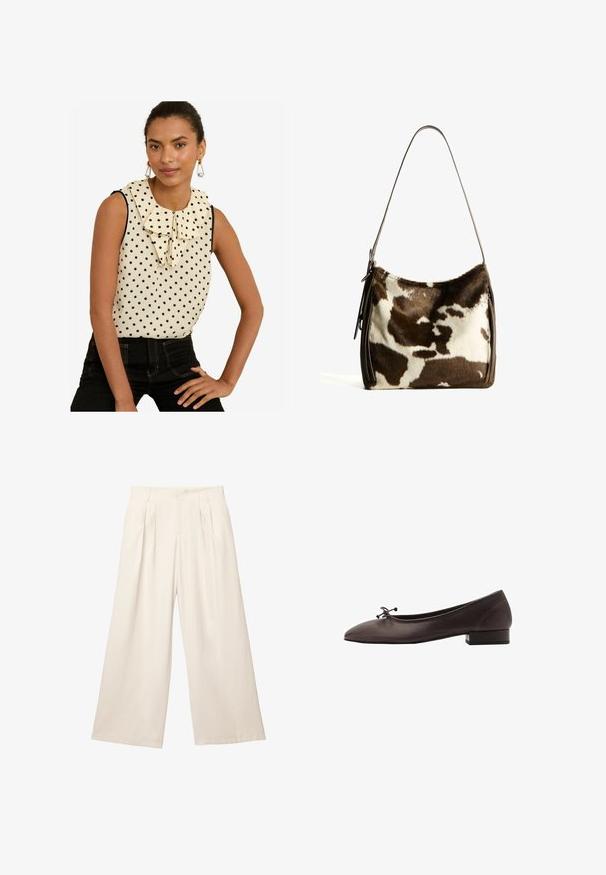 Grijze off-shoulder trui van zacht, textuurgebreid materiaal met losse mouwen en een cropped zoom.; Mouwloos blousje in crème met zwarte stippen, voorzien van een grote ruches kraag en zwart randje. Gecombineerd met high-waisted zwarte jeans.; Lange broek met wijde pijpen in een lichtbeige kleur, gemaakt van een zachte, gestructureerde stof. Heeft voorplooien en een elastische tailleband voor een comfortabele pasvorm.; Bruine leren balletschoen met een ronde neus en een kleine blokhak. Kenmerkt zich door een dunne strik aan de voorkant en subtiele stikdetails.; Bruine en crèmekleurige koeienhuid schoudertas met een gladde leren band, ritssluiting en een zachte, tekstuursurface met een natuurlijk patroon.