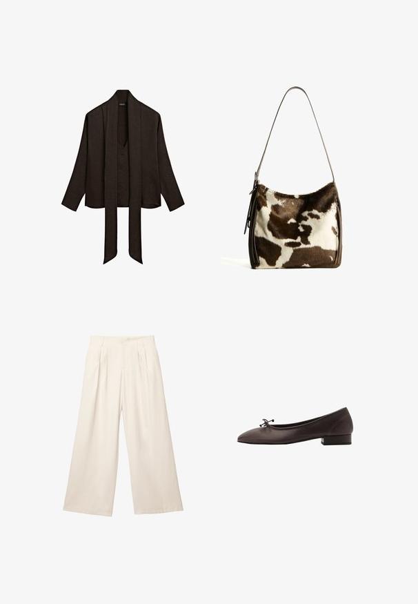 Šedý svetr s odhrnutými rameny má měkkou, texturovanou pleteninu, volné rukávy a zkrácený lem.; Tmavě hnědá blůza s dlouhým rukávem, hlubokým výstřihem do V a dlouhými širšími šátkovými kravaty visícími vpředu.; Kalhoty s širokými nohavicemi v světlé béžové barvě s jemnou, strukturovanou tkaninou. Disponují předními sklady a elastickým pasem pro pohodlné nošení.; Hnědé kožené baletky s kulatou špičkou a malým blokovým podpatkem. Mají tenkou mašličku vpředu a decentní švy.; Hnědá a krémová kravská kůže ramenní taška s hladkým koženým popruhem, zipovým uzavřením a jemným, texturovaným povrchem s přírodním vzorem.