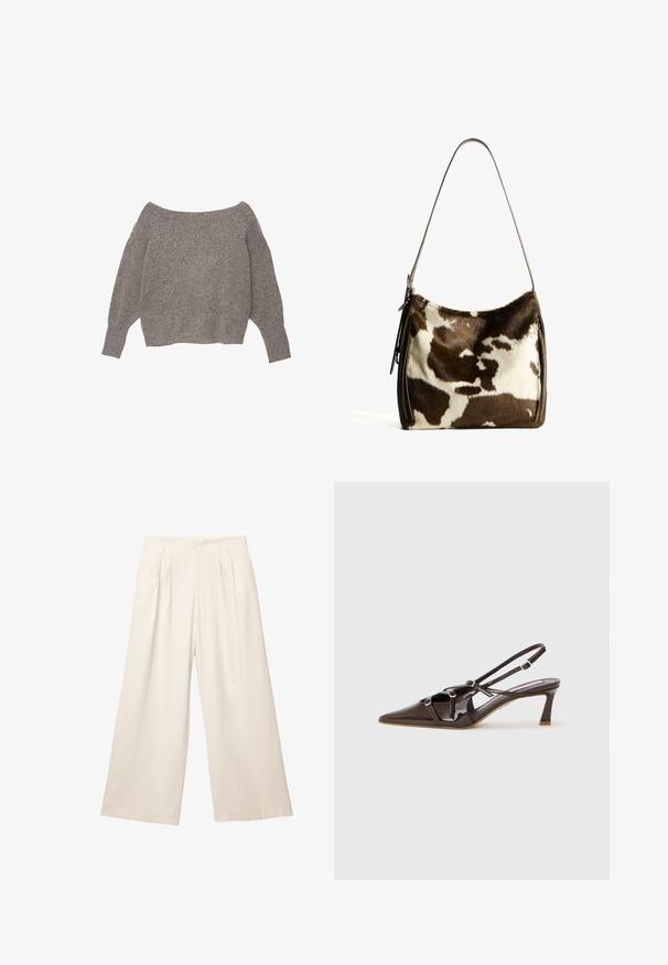 A szürke, vállon lévő pulóver puha, texturált kötött anyagból készült, laza szabásúujjakkal és cropped (rövidített) fazonnal.; Széles lábú nadrág világos bézs színben, puha, textúrált anyagból. Elöl pliszével és elasztikus derékkal rendelkezik a kényelmes viselet érdekében.; Barna lakkbőr slingback sarok, hegyes orral, állítható pántokkal és díszes csatokkal az elején. 7,5 cm sarokmagasság.; Barna és krémszínű tehénbőr válltáska sima bőrszíjjal, cipzáras záródással és puha, texturált felülettel, amely természetes mintázattal rendelkezik.