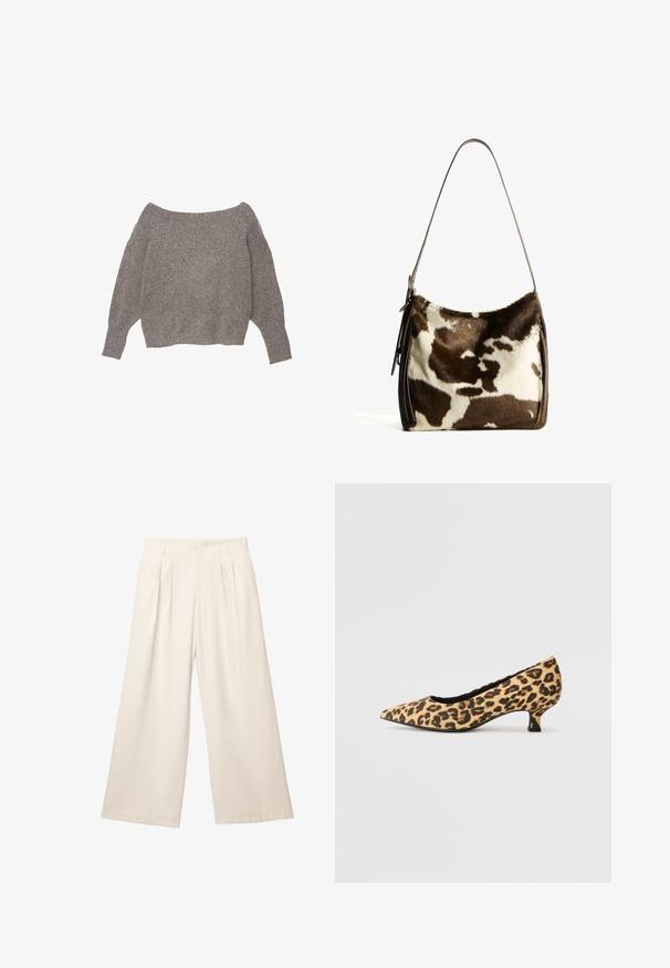 Un pull gris à épaules dénudées avec un tricot doux et texturé, des manches amples et un ourlet court.; Pantalons à jambes larges de couleur beige clair en tissu doux et texturé. Présente des plis avant et une taille élastique pour un ajustement décontracté.; Marco Tozzi Escarpins - beige; Sac à épaule en cuir de vachette brun et crème avec une sangle en cuir lisse, fermeture zippée et une surface douce et texturée présentant un motif naturel.