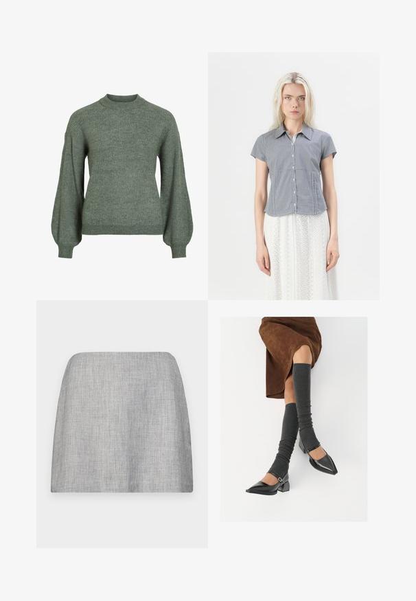 Green ribbed knit sweater with a high neck and long, voluminous sleeves. Features a textured finish and fitted cuffs.; Hollister Co. Button-down blouse - dark blue; Gray skirt with a smooth, textured fabric, featuring a straight cut and no visible embellishments. Simple, minimalist design.; Black patent leather pointed-toe shoes with a block heel and ankle strap, paired with gray ribbed leg warmers and a brown suede skirt.