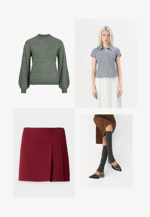 Zeleni rebrasti pleteni džemper s visokim ovratnikom i dugim, voluminoznim rukavima. Ima teksturirani završetak i prianjajuće manžete.; Hollister Co. Bluza s gumbima - dark blue; Bordo plisirana mini suknja s glatkom teksturom, uskim strukom i bočnim zatvaračem. Jednostavan, minimalistički dizajn bez uzoraka.; Crne lakirane cipele s šiljastim prstima, blok-petom i remenom oko gležnja, uparene s sivim rebrastim čarapama do koljena i smešnom suknjom od antilopa.