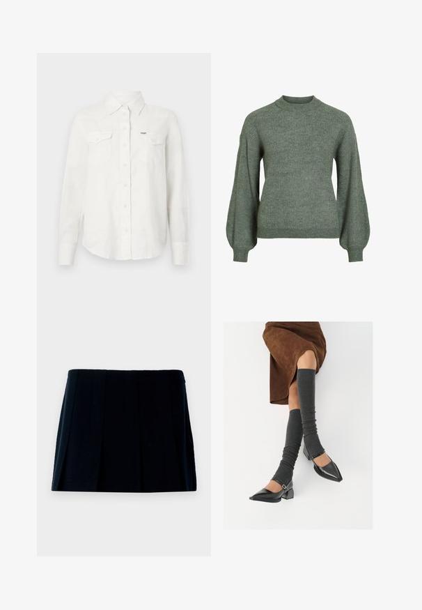 Green ribbed knit sweater with a high neck and long, voluminous sleeves. Features a textured finish and fitted cuffs.; White long-sleeve shirt made of lightweight fabric with a button-down collar, two chest pockets, and a small logo on the left side.; Black pleated mini skirt made of fabric. Features a straight waistband and multiple vertical folds for shape and texture.; Black patent leather pointed-toe shoes with a block heel and ankle strap, paired with gray ribbed leg warmers and a brown suede skirt.