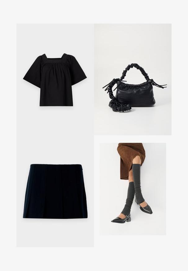 Roheline soonikuga kampsun kõrge kaelusega ja pikkade, mahukate varrukatega. Omadused: tekstuurse viimistlusega ja kitsad varrukaotrused.; Must musträtiga puuvillased särk ruudu kujulise kaelusega, lühikeste laia varrukatega ning kogutud detailidega taljeosas, et tagada mugav istuvus. Lihtne ja minimalismiga disain.; Must mustriga mini seelik, mis on valmistatud kangast. Omab sirget vöönda ja mitu vertikaalset voldikut kuju ja tekstuuri loomiseks.; Mustad patsaline odav värviga kingad, millel on kreen ja pahkluuring, on paaritatud hallide ribakudumitega sääremiidega ja pruunist nahast seelikuga.; Must must sünteetilisest nahast käekott, millel on krokodillimuster, kokku tõmmatav ülaosa ja kortsus rihm. Tundub pehme ja kompaktne disain.