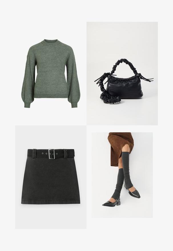 Groene geribbelde gebreide trui met een hoge hals en lange, volumineuze mouwen. Heeft een gestructureerde afwerking en aansluitende manchetten.; Zwarte denim mini-jurk met een bijpassende riem met metallic gesp en riemlussen, plat weergegeven op een witte achtergrond.; Zwarte gepatineerde leren pumps met een puntige neus, een blokhak en een enkelbandje, gecombineerd met grijze geribde beenwarmers en een bruine suède rok.; Zwarte nepleer handtas met een krokodillenstructuur, opgedroogde bovenkant en een gekreukte hengsel. Het lijkt zacht en compact van ontwerp.