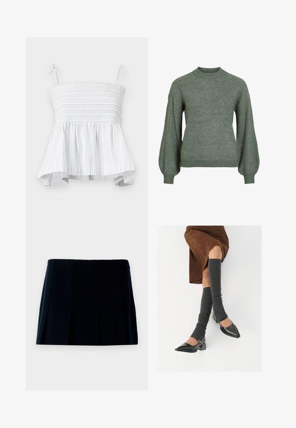 Roheline soonikuga kampsun kõrge kaelusega ja pikkade, mahukate varrukatega. Omadused: tekstuurse viimistlusega ja kitsad varrukaotrused.; Valge pehme õlgaülese pluusiga, millel on elastne rind ja laienenud äär. Omab vertikaalseid heledat halli triibu ja reguleeritavad sidumisrihmad, mis tagavad kindla ja mugava istuvuse.; Must mustriga mini seelik, mis on valmistatud kangast. Omab sirget vöönda ja mitu vertikaalset voldikut kuju ja tekstuuri loomiseks.; Mustad patsaline odav värviga kingad, millel on kreen ja pahkluuring, on paaritatud hallide ribakudumitega sääremiidega ja pruunist nahast seelikuga.