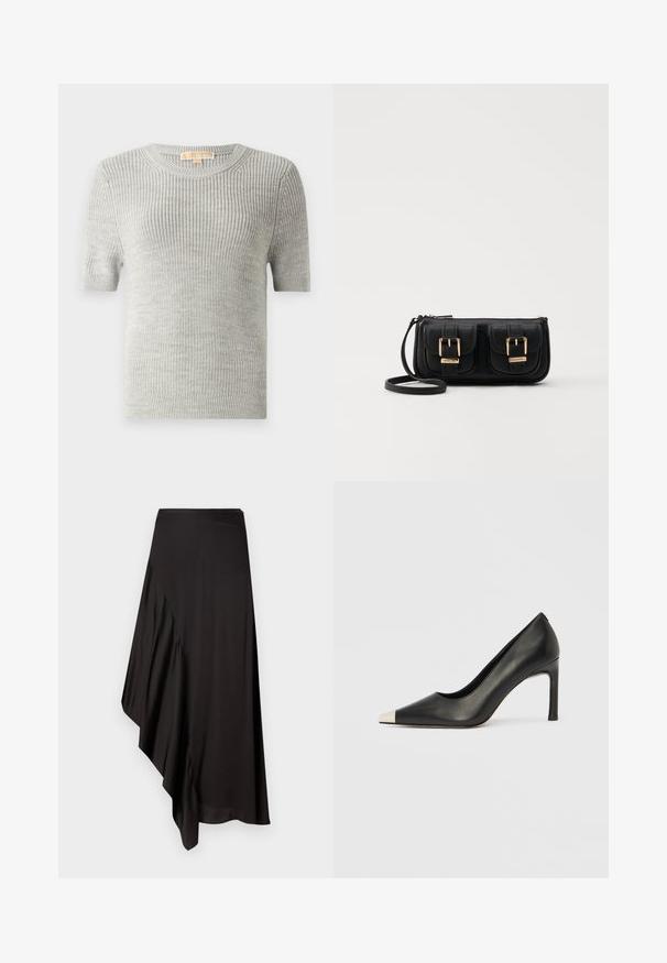 Pulover s kratkimi rokavi v svetlo sivi barvi, pletena tekstura, okrogli izrez, rebrast rob, izdelan iz lahkega materiala. Brez vidnih vzorcev ali dodatkov.; AERON ASTER SKIRT - Ozko oprijeto krilo - black; Črni usnjeni čevelj z visokim petom, s koničastim prstom in kovinsko srebrno kapico. Ima gladko površino in vitko peto višine 10 cm.; Črna usnjena torbica čez ramo z dvema sprednjima žepoma, zlatimi zaponkami, zadrgo in ozkim pasom. Tekstura površine je strukturirana, obliko pa ima kompaktno pravokotno.