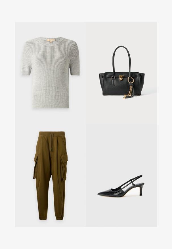 Short-sleeve sweater in light gray, knitted texture, round neckline, ribbed hem, made of lightweight fabric. No visible patterns or accents.; Olive green jogger pants with drawstring waist, two large cargo pockets with flaps on each side, and cuffed ankles.; Black patent slingback heel with a pointed toe, featuring textured snake print, adjustable strap, and a short, textured block heel.; Black leather handbag with double handles, gold lock and chain detail, and black-and-white tassel accessory against white background.
