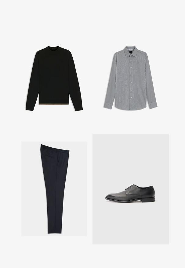 Maglione nero in maglia con maniche lunghe e colletto alto. Presenta un dettaglio dorato all'orlo. Decorato da una trama liscia e design aderente.; Camicia a maniche lunghe a righe in navy e bianco, con colletto button-down, bottoni frontali ed maniche con polsini e rifiniture a contrasto.; Pantaloni tailorati navy realizzati in un tessuto liscio, con frontale piatto, tasche laterali e una tasca posteriore singola. Taglio dritto.; Scarpa da uomo in pelle nera, con lacci, tacco basso e finitura liscia, leggermente strutturata, su sfondo bianco semplice.