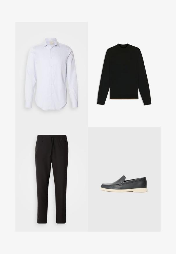 Suéter negro de punto con mangas largas y cuello alto. Presenta un detalle dorado en el dobladillo. Textura suave y diseño ajustado.; Camisa de manga larga a rayas azul claro y blanca con una botonadura completa, cuello puntiagudo y dobladillo redondeado. Material de algodón, textura suave.; Pantalones de chándal negros de tejido suave. Cuentan con una cintura elástica con cordón, piernas ajustadas y sin bolsillos visibles. Diseño sencillo.; Mocasines de piel negra sin cordones con un acabado texturizado y una suela de goma beige en contraste. Presentan un sutil acento en la parte frontal.