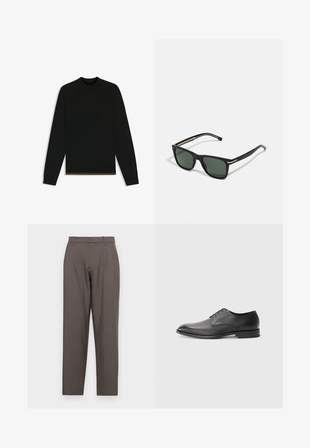 Schwarzer Strickpullover mit langen Ärmeln und hohem Kragen. Verfügt über einen goldenen Akzent am Saum. Glatte Textur und taillierte Passform.; Jack & Jones JPSTBILL JJDAYTONA WIDE - Stoffhose - pavement; Schwarzer Leder-Herrenschuh mit Schnürsenkeln, flachem Absatz und glatter, leicht strukturierter Oberfläche auf weißem Hintergrund.; BOSS Sonnenbrille - black; Silberfarbener Ring mit geometrischer Form, flachem Oberteil und poliertem Finish, auf dem inneren Band mit "ALLSAINTS" markiert.