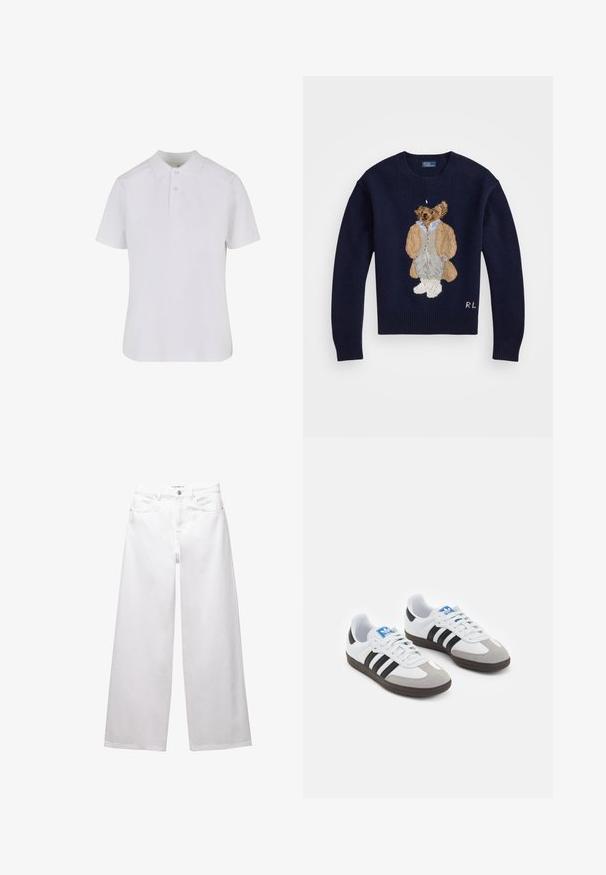 Námornícky sveter s detailne vyšitou medveďom v béžovom kabáte a šedých nohaviciach, s rebrovanými manžetami a okrúhlym výstrihom.; Biela polokošeľa s krátkym rukávom vyrobená z bavlny. Obsahuje golier, zapínanie na tri gombíky a posilnené švy. Hladká textura.; Biele široké džínsy vyrobené z denimu. Obsahujú zapínanie na gombík, predné a zadné vrecká a prešité švy. Hladká textúra s minimálnym zdobením.; Športové topánky s bielym koženým zvrškom, šedou semišovou špičkou a tromi čiernymi pruhmi. Obsahujú modré logo na jazyku a štruktúrovanú gumovú podrážku.