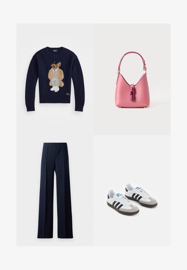 Námornícky sveter s detailne vyšitou medveďom v béžovom kabáte a šedých nohaviciach, s rebrovanými manžetami a okrúhlym výstrihom.; Široké nohavice z tmavomodrej látky, s hladkou textúrou, jemnými prednými zosilneniami a priliehavým pásom pre elegantný siluetu.; Športové topánky s bielym koženým zvrškom, šedou semišovou špičkou a tromi čiernymi pruhmi. Obsahujú modré logo na jazyku a štruktúrovanú gumovú podrážku.; Ružová kožená kabelka so štruktúrovaným tvarom, vybavená lesklým zatváraním a jedným nastaviteľným popruhom. Textúrovaný povrch s zlatými kovovými detailmi.