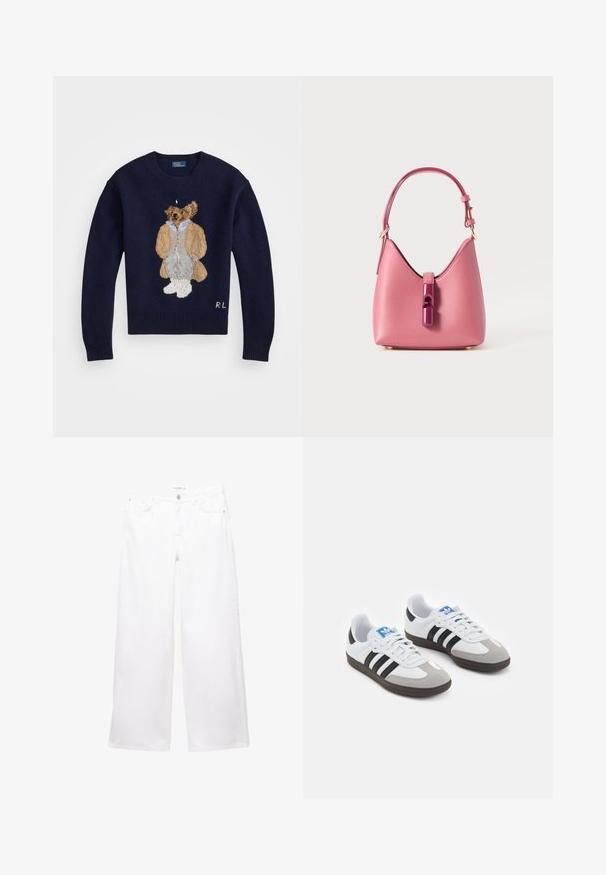 Mornarska majica s detaljno izvezenim medvedom koji nosi bež kaput i sive hlače, s rebrastim manžetama i okruglim izrezom.; Bijele široke traperice izrađene od denima s glatkom teksturom. Imaju zatvaranje na dugme i patentni zatvarač s dva prednja i dva stražnja džepa.; Sportske cipele s gornjištem od bijele kože, sivi suedinasti nos i tri crne pruge. Imaju plavi logo na jeziku i teksturiranu gumenu podlogu.; Roza kožna torba sa strukturiranim oblikom, koja ima sjajni zatvarač i jedan podesivi remen. Teksturalna površina s zlatnim detaljima.