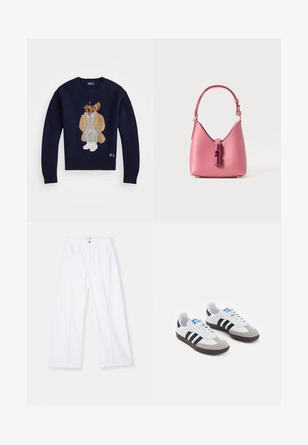 Suéter azul marino con un oso bordado en detalle, que lleva un abrigo beige y pantalones grises, con puños acanalados y un cuello redondo.; FRAME BAGGY PALAZZO - Pernera ancha - white; Zapatillas deportivas con parte superior de piel blanca, puntera de ante gris y tres rayas negras. Presentan un logo azul en la lengüeta y una suela de goma texturizada.; Bolso de cuero rosa con una forma estructurada, que presenta un cierre de acento brillante y una sola correa ajustable. Acabado texturizado con herrajes dorados.