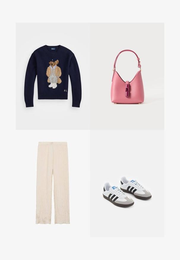 Maglione navy con un orso ricamato in dettaglio, che indossa un cappotto beige e pantaloni grigi, con polsini a coste e scollatura a girocollo.; Pantaloni plissettati beige chiaro con vita elasticizzata, caratterizzati da un design a gamba larga e una finitura in tessuto morbido e testurizzato.; Scarpe sportive con tomaia in pelle bianca, punta in suede grigia e tre strisce nere. Presentano un logo blu sulla linguetta e una suola in gomma testurizzata.; Borsa in pelle rosa con una forma strutturata, caratterizzata da una chiusura lucida e una sola tracolla regolabile. Finitura texturizzata con hardware dorato.