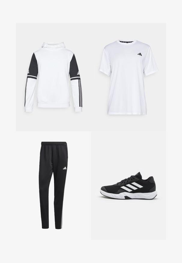 Valge kapuutsiga särk, millel on mustad varrukad, ning igal varrukal on kolm musta triipu. Brändi logo asub vasakul ülemisel varrukal. Sile tekstuur.; Valge sportlik T-särk lühikeste varrukatega, valmistatud niiskust eemaldavast kangast. Ees on must logo vasakul rinnal ja soe mustriline kaelaosa.; Mustad mustri värvi spordipüksid venitatava vööõhuga, valged külgtriibud ja väike valge logo reie peal. Valmistatud siledast, kergest materjalist.; Mustad mustosportlikud jalanõud, millel on tekstuuriga võrkpealne, valged aksenttriibud, pehme tallaga ja tugevdatud konts toe jaoks.