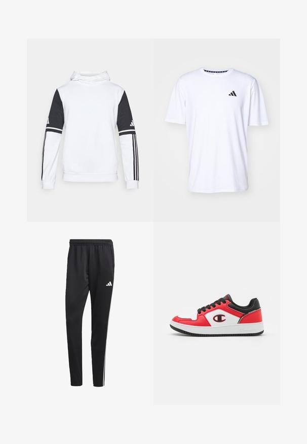 Bijela hoodie s crnim rukavima, sa tri crne pruge na svakom rukavu i logom branda na gornjem lijevom rukavu. Glatka tekstura.; Bijela kratkotrajna majica s kratkim rukavima izrađena od tkanine s glatkom teksturom. Sadrži crni adidas logotip na lijevoj strani prsnog koša i uzorak na ovratniku.; Crne atletske hlače s rastezljivim pojasom, bijelim bočnim trakama i malim bijelim logom na bedru. Izrađene su od glatkog, laganog materijala.; Champion REBOUND 2 0 LOW - Obuća za košarku - red/white/new black