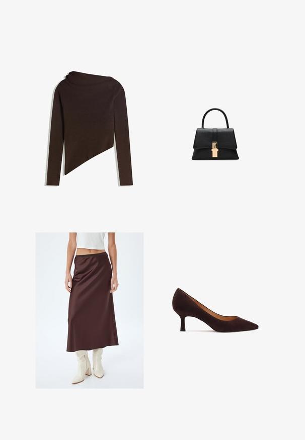 Ciemnobrązowy, prążkowany sweter z długimi rękawami, asymetrycznym dołem i szerokim, złożonym kołnierzem typu stójka.; Brązowa satynowa spódnica maxi o gładkiej fakturze, z dopasowanym pasem. Połączona z białymi botkami do kolan, tworząc kontrastowy wygląd.; Brązowe zamszowe czółenka z wąskim noskiem i średniej wysokości szpilką. Gładka struktura, minimalistyczny design oraz delikatne wycięcia po bokach.; Czarna, strukturalna torebka na ramię o gładkiej fakturze, z jedną górną rączką i złotym zapięciem z przodu. Minimalistyczny design.