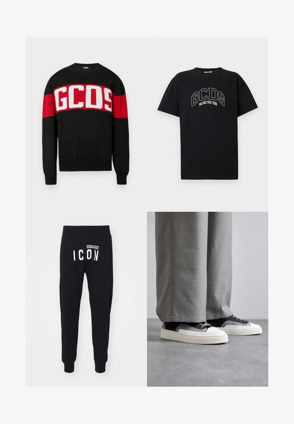 Black knit sweater with a round neck, featuring bold red and white horizontal stripes and "GCOS" text across the chest.; Black cotton t-shirt with short sleeves. Features white GCDS logo and "MILANO ITALY 1988" text in an arch. Standard fit and crew neck.; Black sweatpants featuring a soft texture, tapered legs, and pockets. The back displays "DSQUARED2 ICON" in bold white letters.; Filling Pieces RIVIERA - Trainers - grey