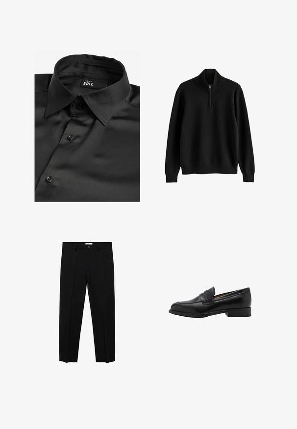 Svart långärmad tröja med ribbad hög krage och halvmångdragning, ribbade ärmslut och nederkant.; Next EDIT LONG SLEEVE- REGULAR FIT - Skjorta - black; Svarta skräddarsydda byxor med rak passform, med en knappknäppning, bälteshällor och framfåll. Tillverkade av ett slätt tyg.; Svarta läderloafer med sytt framstycke och platt klack. Slät yta med rundad tå och ett dekorativt band över fotens instep.