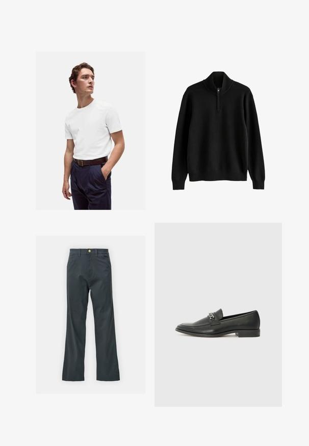 Sort langærmet pullover trøje med ribbet mock neck krave og halv-zip lukning, ribbet manchetter og kant.; Hvid bomulds T-shirt med rund halsudskæring, båret med marineblå plisserede bukser og et brunt læderbælte med en guldbuckle.; Sorte bukser med lige ben, lavet af en bomuldsblandingsstof. Har en metalknaplukning og sidelommer. Ingen synlige mønstre.; Sorte læder loafers med en glat finish, der har et syet design og et dekorativt metal kædeaccent hen over vamps. Flad hæl.