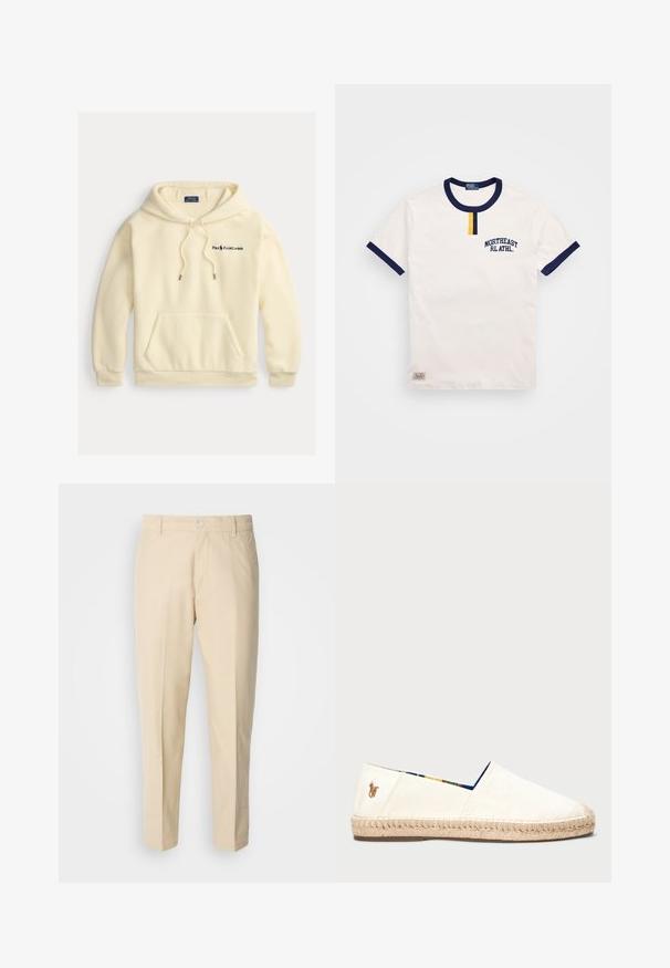 Sudadera de forro polar color crema con bolsillo tipo canguro, capucha con cordones y logo bordado en negro en el pecho. Textura suave.; Camiseta de algodón blanca con cuello redondo y acentos en las mangas de color azul marino. Presenta un pequeño detalle de botón amarillo y bordado "NORTHEAST RL ATHL."; Pantalones chinos de color beige claro con un diseño de pierna recta, la textura de la tela es suave, cuentan con un cierre de botón en la parte frontal y dos bolsillos laterales.; Espadrille de lona en color off-white con suela de cuerda. Presenta un forro con estampado azul y un pequeño logotipo bordado en el talón.