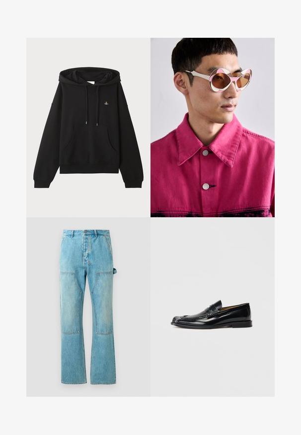 Fekete kapucnis pulóver, puha anyagból, kenguruzsebbel, húzózsinórral ellátott kapucnival és egy kis hímzett mintával a mellrészen.; Világoskék farmernadrág, harangszárú fazonnal. Kontrasztos foltvarrásos panelek, elülső zsebek, és gombos derékzárás jellemzi.; Fekete bőr mokaszinok sima felülettel, lekerekített orral, díszvarrással és alacsony rakott sarkakkal. Nincs látható márkajelzés.; Fehér és rózsaszín, oversize napszemüveg, ívelt kerettel, barna tónusú lencsékkel. A modellen rózsaszín farmerdzseki van, gallérral.