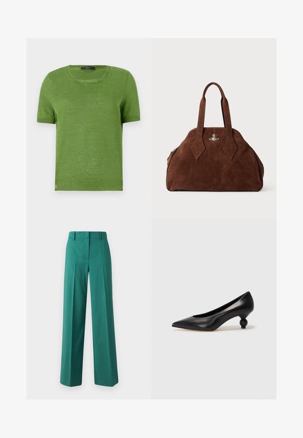 Zielony, krótki sweter dzianinowy z okrągłym dekoltem, charakteryzujący się gładką fakturą i żebrowanymi akcentami przy rękawach oraz dolnej krawędzi.; Zielone szerokie spodnie z gładkiego materiału, o dopasowanym kroju, z przodu z fałdami i dwoma kieszeniami.; Czarna skórzana szpilka z ostrym czubkiem i okrągłym, kulistym obcasem. Gładka tekstura z eleganckim, minimalistycznym wzornictwem.; Brązowa torebka z zamszu o usztywnionym kształcie, zaokrąglonym korpusie i wydłużonych uchwytach w kształcie diamentu. Charakteryzuje się srebrnym zamknięciem.
