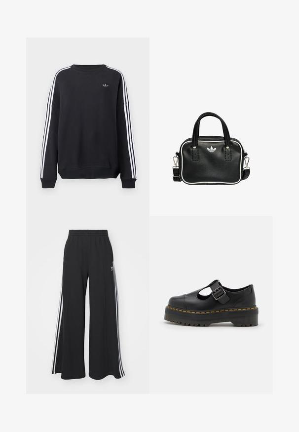 Black sweatshirt with long sleeves, white stripes running down each arm, and a small gray logo on the chest. Cotton material, casual fit.; Black wide-leg sweatpants with an elastic waistband, featuring white side stripes and an embroidered logo on the left thigh.; Dr. Martens BETHAN - Slip-ons - black; Black leather handbag with two short handles, silver hardware, white accents, and a white logo. Features a textured surface and compact design.