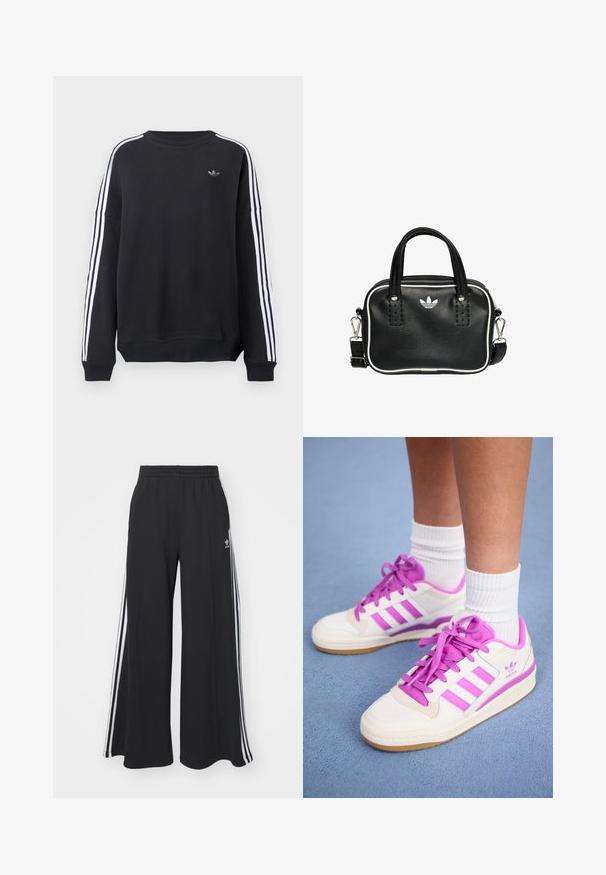 Black sweatshirt with long sleeves, white stripes running down each arm, and a small gray logo on the chest. Cotton material, casual fit.; Black wide-leg sweatpants with an elastic waistband, featuring white side stripes and an embroidered logo on the left thigh.; White sneakers with pink accents and laces, featuring three horizontal pink stripes and a gum sole. Cotton socks are visible above the ankle.; Black leather handbag with two short handles, silver hardware, white accents, and a white logo. Features a textured surface and compact design.