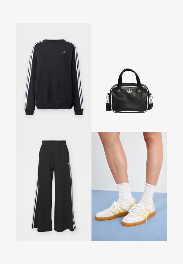 Black sweatshirt with long sleeves, white stripes running down each arm, and a small gray logo on the chest. Cotton material, casual fit.; Black wide-leg sweatpants with an elastic waistband, featuring white side stripes and an embroidered logo on the left thigh.; White athletic shoes with yellow stripes and a gum sole, made of mesh and synthetic leather. Worn with white crew socks on a blue surface.; Black leather handbag with two short handles, silver hardware, white accents, and a white logo. Features a textured surface and compact design.