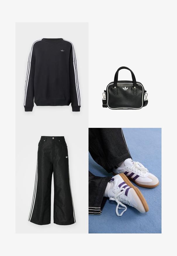 Black sweatshirt with long sleeves, white stripes running down each arm, and a small gray logo on the chest. Cotton material, casual fit.; Black wide-leg denim pants with three white stripe accents on each side and a small white logo. Features front pockets and a button closure.; White athletic shoes with purple stripes and brown rubber soles, featuring round laces and a padded collar. Worn with dark denim pants.; Black leather handbag with two short handles, silver hardware, white accents, and a white logo. Features a textured surface and compact design.
