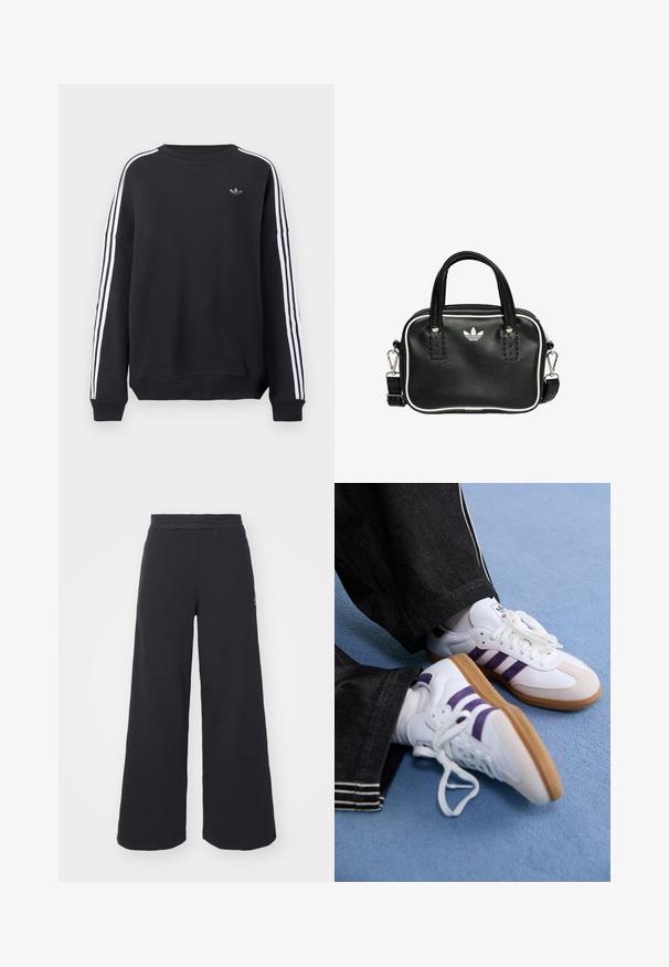 Černá mikina s dlouhými rukávy, bílými pruhy po celé délce každého rukávu a malým šedým logem na hrudi. Vyrobená z bavlněného materiálu, volný střih.; Černé široké tepláky vyrobené z měkké tkaniny, s elastickým pasem a malým logem na levé straně.; Bílé sportovní boty s fialovými pruhy a hnědými gumovými podešvami, s kulatými tkaničkami a polstrovaným límcem. Oblékané s tmavými džínami.; Černá kožená kabelka se dvěma krátkými uchy, stříbrným kováním, bílými detaily a bílým logem. Má texturovaný povrch a kompaktní design.