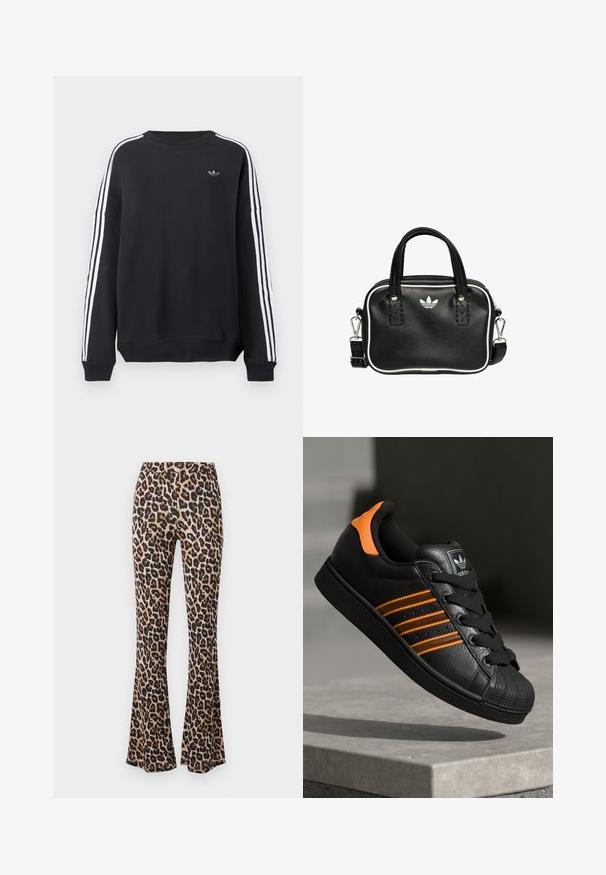 Čierna mikina s dlhými rukávmi, bielymi pásikmi vedúcimi pozdĺž každého rukáva a malým sivým logom na hrudi. Bavlnený materiál, pohodlný strih.; Džínsy s leopardím vzorom v béžovej a čiernej farbe, vyrobené z mäkkej tkaniny s hladkou textúrou, s priliehavým pásom a rozšíreným lemom.; Čierne tenisky s oranžovými akcentami, tromi horizontálnymi pruhmi, textúrovaným koženým zvrškom, gumovým ochranným vankúšikom na prstoch a čiernymi šnúrkami.; Čierna kožená kabelka s dvoma krátkymi držadlami, striebornými kovovými doplnkami, bielymi akcentmi a bielym logom. Vyznačuje sa textúrovaným povrchom a kompaktným dizajnom.