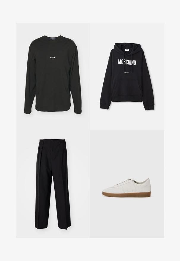 Černá mikina z bavlněné směsi, s klokaní kapsou, stahovací kapucí a bílým potiskem "MOSCHINO Milano" na přední straně.; Černé tričko s dlouhým rukávem vyrobené z bavlny, s malým bílým logem "MSGM" na hrudi, kulatým výstřihem a volným střihem.; Černé skládací kalhoty s rovnými, širokými nohavicemi. Vyrobené z hladké tkaniny, se zapínáním na knoflík a poutky na opasek.; Bílé kožené tenisky s texturovaným povrchem, gumovou podrážkou, zaoblenou špičkou a minimalistickým designem. Obsahují jemné logo na boku.