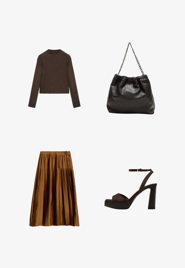 Dunkelbrauner Pullover mit Rundhalsausschnitt und langen Ärmeln, leicht cropped und schlicht, nahtlos gestaltet.; Brauner Satin-Midi-Rock mit Falten, hohem Taillenbund und seitlichem Schnallendetail, flach auf einem weißen Hintergrund präsentiert.; Braune Wildleder-Pumps mit offenem Zeh, verstellbarem Knöchelriemen und gestreiftem Plateausohlen.; Braune Lederhandtasche mit gerafftem Oberteil und Kettenriemen. Glatte Textur mit glänzendem Finish und subtilen Nahtdetails an den Seiten.