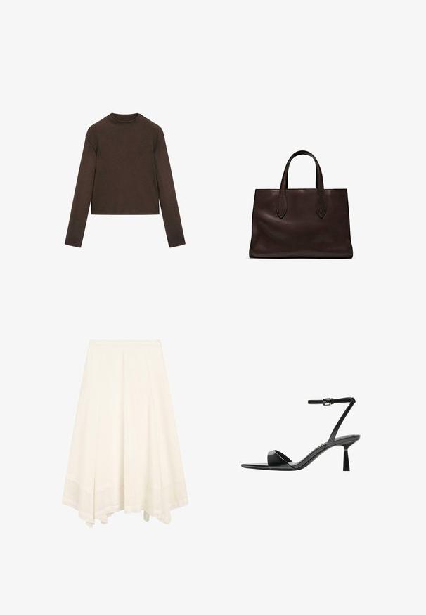 Dark brown long-sleeve crew neck sweater with a slightly cropped fit and simple, seamless design.; White A-line midi skirt with a flared hem and subtle vertical seams, featuring a textured wide hem band.; Bershka High heeled sandals - black; Brown leather tote bag with two elongated handles, structured rectangular shape, smooth texture, and subtle stitching details.