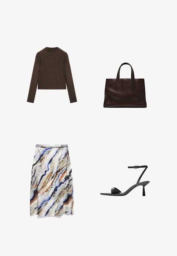 Dunkelbrauner Pullover mit Rundhalsausschnitt und langen Ärmeln, leicht cropped und schlicht, nahtlos gestaltet.; Ein knielanger Rock mit fließendem Design, der ein mehrfarbiges, marmoriertes Muster in Blau-, Braun- und Cremetönen zeigt. Dünner Taillenbund inklusive.; Bershka High Heel Sandalette - black; Braune Ledertasche mit zwei langen Griffen, strukturierte rechteckige Form, glatte Textur und dezente Nähdetails.