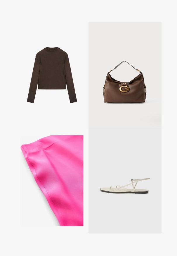 Maglione a maniche lunghe color marrone scuro con scollo rotondo, leggermente corto e dal design semplice e senza cuciture.; Tessuto in satin rosa brillante con una texture liscia, caratterizzato da un bordo pulito e una leggera lucentezza. Nessun motivo o dettaglio aggiuntivo visibile.; Sandal in beige piatta con multiple cinghie sottili e una fibbia regolabile. La suola è piatta con un leggero contrasto scuro lungo il bordo.; Borsa a mano in pelle marrone con una finitura testurizzata, dotata di un gancio in metallo dorato e di una singola tracolla curva.