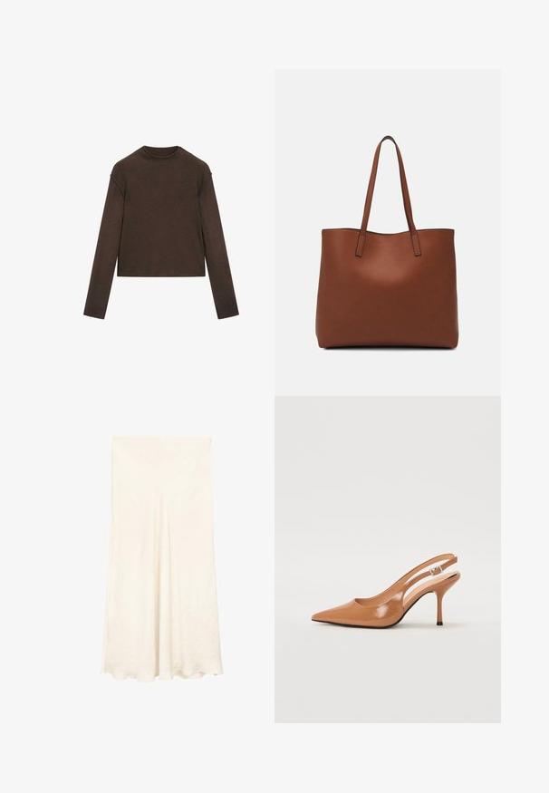 Ciemnobrązowy sweter z długim rękawem i okrągłym dekoltem, o lekko skróconym kroju i prostym, bezszwowym designie.; Biała, zwiewna spódnica maxi z teksturowanej tkaniny. Posiada wysoką talię oraz miękki układ. Dolna krawędź jest delikatnie zaokrąglona.; Sandały na obcasie z kwadratowym noskiem, wykonane z gładkiego, błyszczącego materiału w kolorze brązowym. Charakteryzują się zaokrąglonym wycięciem i smukłym obcasem typu stiletto. Detal w postaci srebrnej klamry.; Brązowa skórzana torba tote o gładkiej fakturze, z otwartym wierzchem i dwoma ramiączkami. Charakteryzuje się minimalnym przeszyciem i brakiem widocznych elementów metalowych.