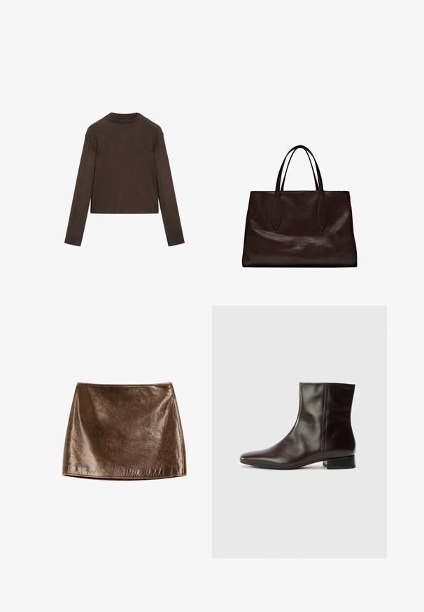 Mørkebrun langærmet trøje med rund hals, let cropped pasform og enkel, sømløs design.; Brun metallisk miniskirt med en glat, skinnende overflade. Har et enkelt design og rene linjer, med en lige kant i bunden.; Brun læderankelstøvle med spids tå, glat tekstur, mellemhøj hæl og enkelt design. Minimalistisk stil uden pynt.; Massimo Dutti Håndtasker - brown