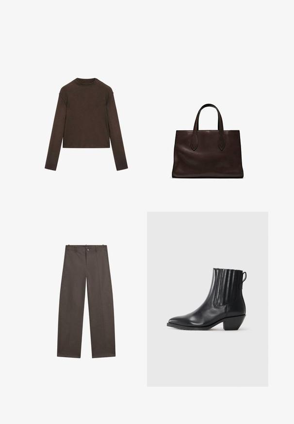 Dunkelbrauner Pullover mit Rundhalsausschnitt und langen Ärmeln, leicht cropped und schlicht, nahtlos gestaltet.; Weite Hosen aus dunkelbraunem Stoff. Mit einem Knopfverschluss, zwei vorderen Taschen und einer glatten Textur mit sauberen Nähten.; Schwarze Lederknöchelstiefel mit elastischen Seitenpaneelen, spitzer Zehe und einem niedrigen Blockabsatz. Das Design zeichnet sich durch eine glatte Textur und minimalistischen Stil aus.; Braune Ledertasche mit zwei langen Griffen, strukturierte rechteckige Form, glatte Textur und dezente Nähdetails.