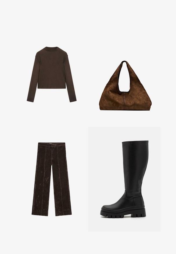 Dunkelbrauner Pullover mit Rundhalsausschnitt und langen Ärmeln, leicht cropped und schlicht, nahtlos gestaltet.; Bequeme weit geschnittene Hosen in Dunkelbraun, mit einer samtartigen Textur, vertikalen Nähdetails und einem elastischen Taillenbund.; Even&Odd Plateaustiefel - black; Braune Wildleder-Schultertasche mit offenem Oberteil. Sie verfügt über einen tiefen, breiten Körper, einen ausgeschnittenen Griff und minimale Nähte für ein sauberes Design.